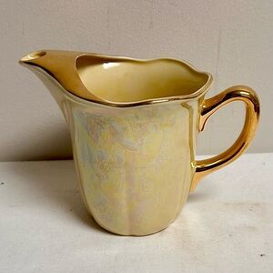 Iridescent Yellow Lustreware Ceramic Pitcher 22K Gold Trim